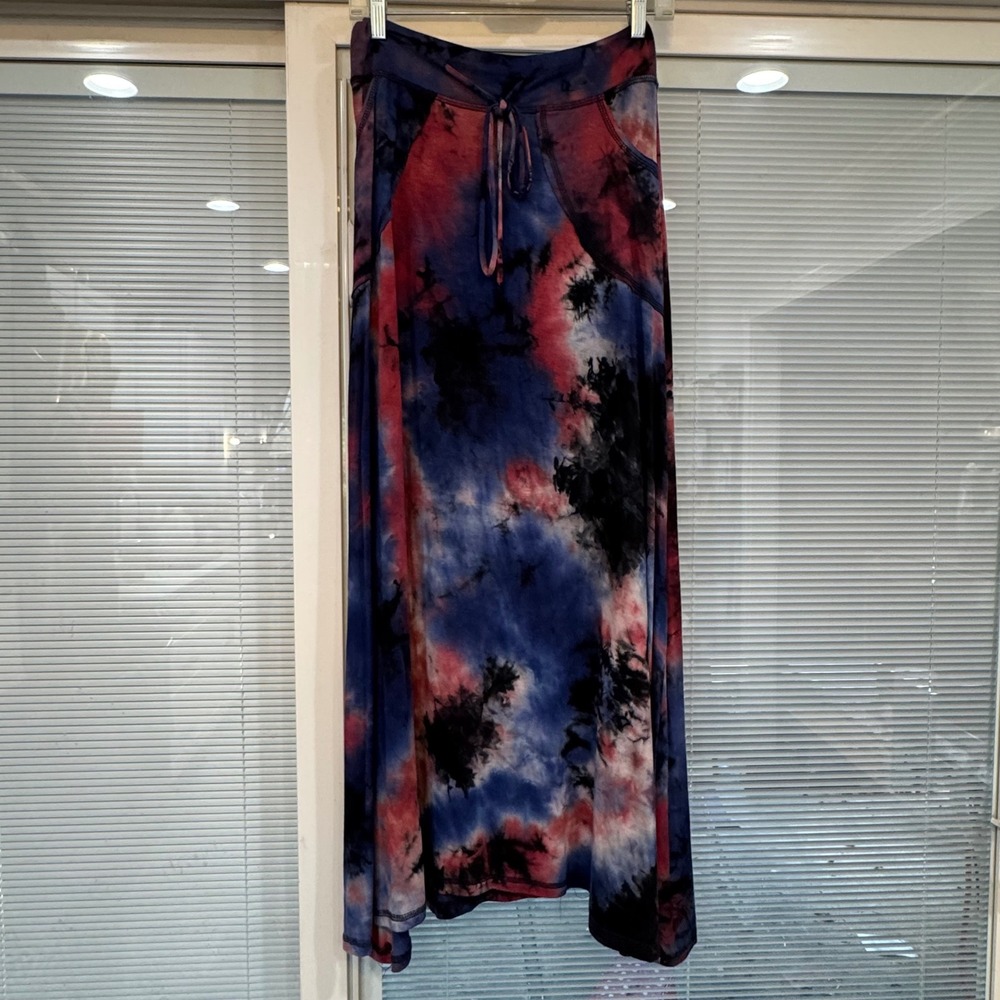 Coin 1804 Womens Tie Dye Maxi Skirt Blue Red Black Boho Pockets Drawstring XL